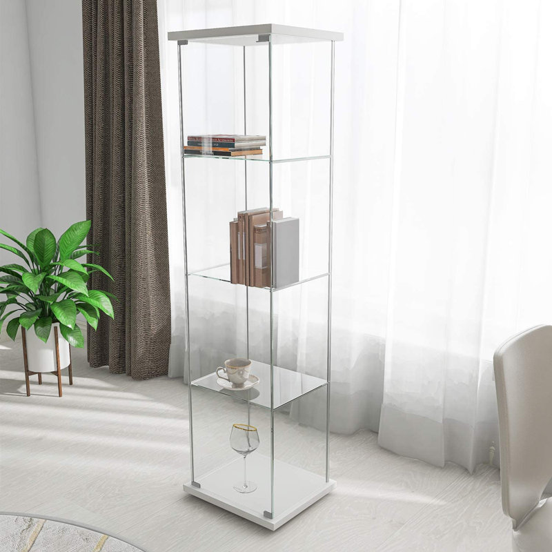 Latitude Run® Glass Glass Display 4 Shelves With Door, Floor Standing Curio